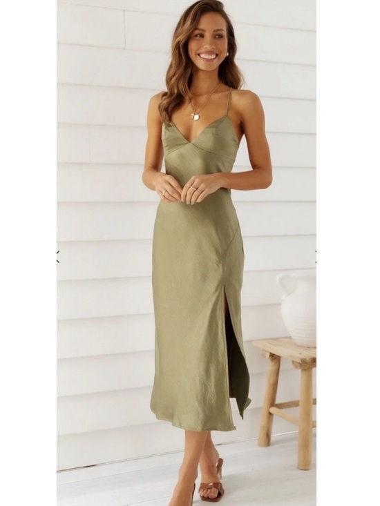 Hello Molly Dresses & Skirts - Hello Molly Smooth Sounds  Olive  Slip Midi Dress with Side Slit-4